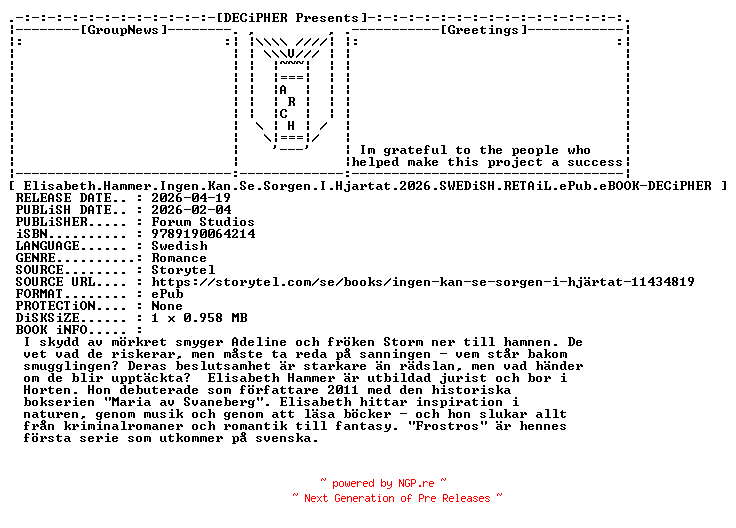 NFO for the release Elisabeth.Hammer.Ingen.Kan.Se.Sorgen.I.Hjartat.2026.SWEDiSH.RETAiL.ePub.eBOOK-DECiPHER by DECiPHER