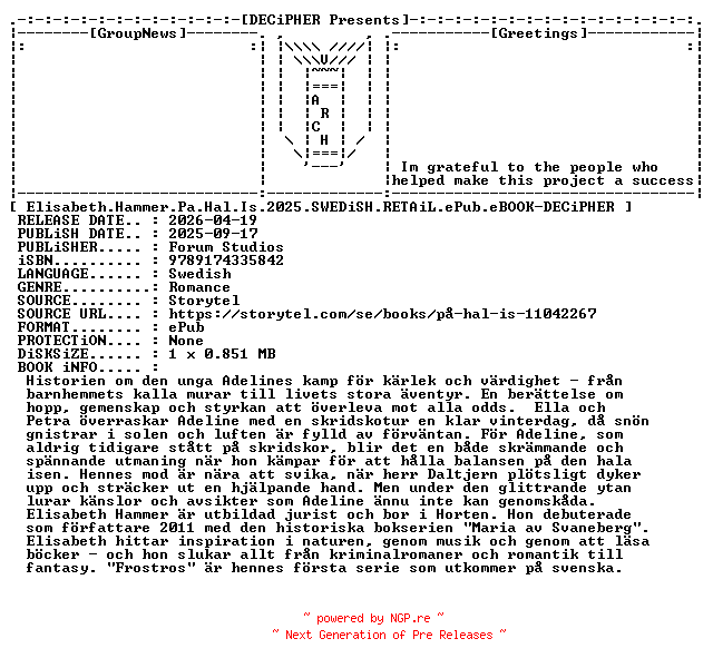 NFO for the release Elisabeth.Hammer.Pa.Hal.Is.2025.SWEDiSH.RETAiL.ePub.eBOOK-DECiPHER by DECiPHER