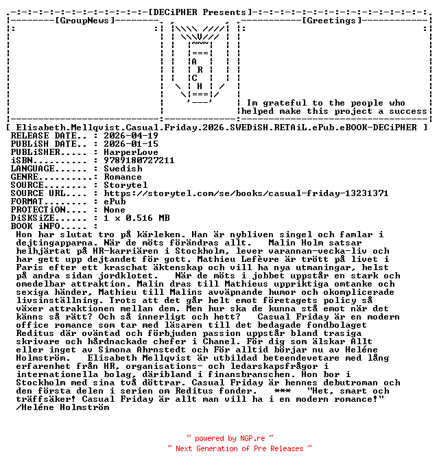 NFO for the release Elisabeth.Mellqvist.Casual.Friday.2026.SWEDiSH.RETAiL.ePub.eBOOK-DECiPHER by DECiPHER