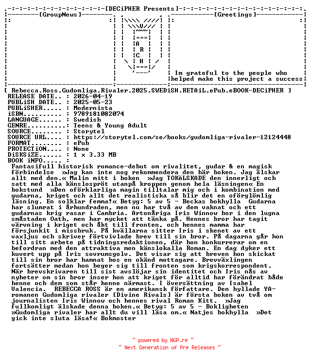 NFO for the release Rebecca.Ross.Gudomliga.Rivaler.2025.SWEDiSH.RETAiL.ePub.eBOOK-DECiPHER by DECiPHER