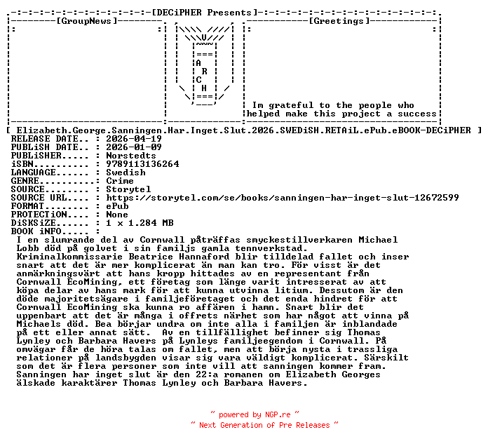NFO for the release Elizabeth.George.Sanningen.Har.Inget.Slut.2026.SWEDiSH.RETAiL.ePub.eBOOK-DECiPHER by DECiPHER