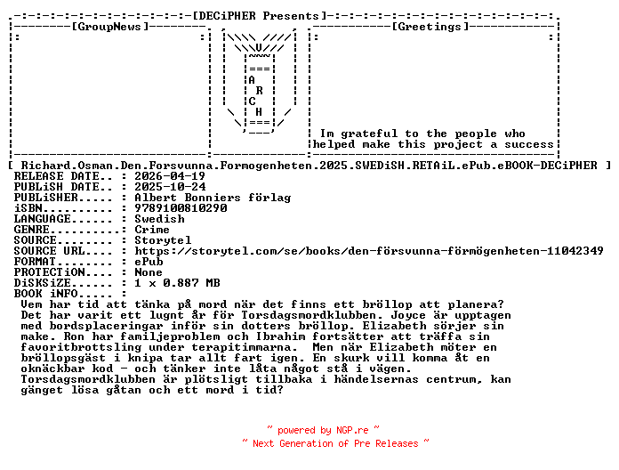 NFO for the release Richard.Osman.Den.Forsvunna.Formogenheten.2025.SWEDiSH.RETAiL.ePub.eBOOK-DECiPHER by DECiPHER