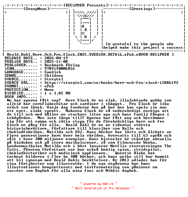 NFO for the release Roald.Dahl.Herr.Och.Fru.Slusk.2025.SWEDiSH.RETAiL.ePub.eBOOK-DECiPHER by DECiPHER