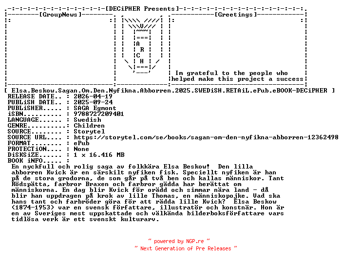 NFO for the release Elsa.Beskow.Sagan.Om.Den.Nyfikna.Abborren.2025.SWEDiSH.RETAiL.ePub.eBOOK-DECiPHER by DECiPHER
