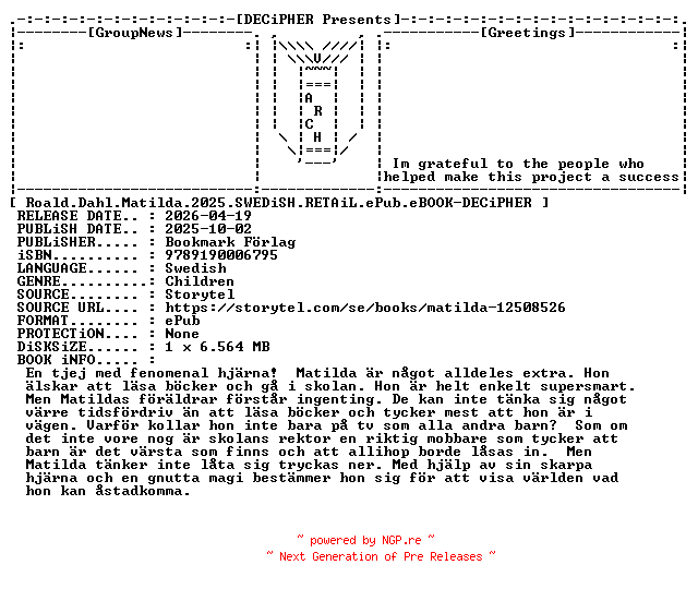NFO for the release Roald.Dahl.Matilda.2025.SWEDiSH.RETAiL.ePub.eBOOK-DECiPHER by DECiPHER