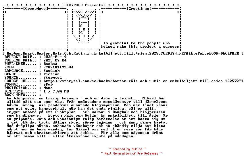 NFO for the release Robban.Knast.Bortom.Rals.Och.Rutin.En.Enkelbiljett.Till.Asien.2025.SWEDiSH.RETAiL.ePub.eBOOK-DECiPHER by DECiPHER