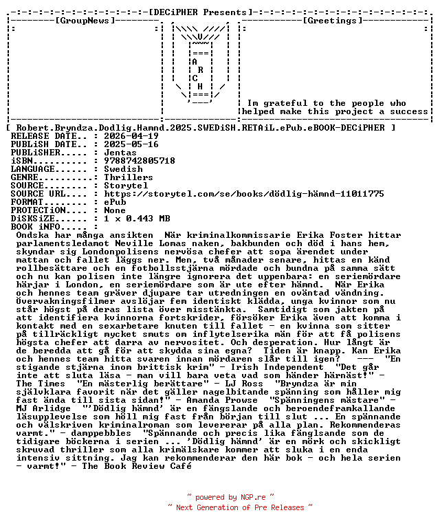 NFO for the release Robert.Bryndza.Dodlig.Hamnd.2025.SWEDiSH.RETAiL.ePub.eBOOK-DECiPHER by DECiPHER