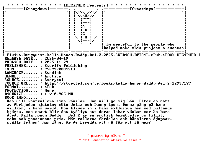 NFO for the release Elvira.Bergquist.Kalla.Honom.Daddy.Del.2.2025.SWEDiSH.RETAiL.ePub.eBOOK-DECiPHER by DECiPHER