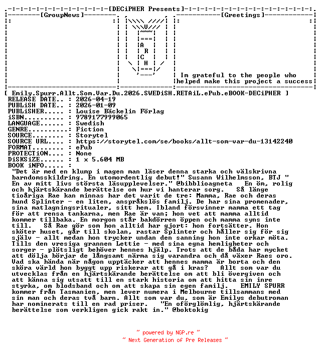 NFO for the release Emily.Spurr.Allt.Som.Var.Du.2026.SWEDiSH.RETAiL.ePub.eBOOK-DECiPHER by DECiPHER