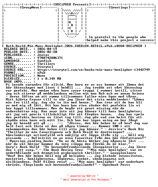 NFO for the release Ruth.Heald.Min.Mans.Hemlighet.2026.SWEDiSH.RETAiL.ePub.eBOOK-DECiPHER by DECiPHER