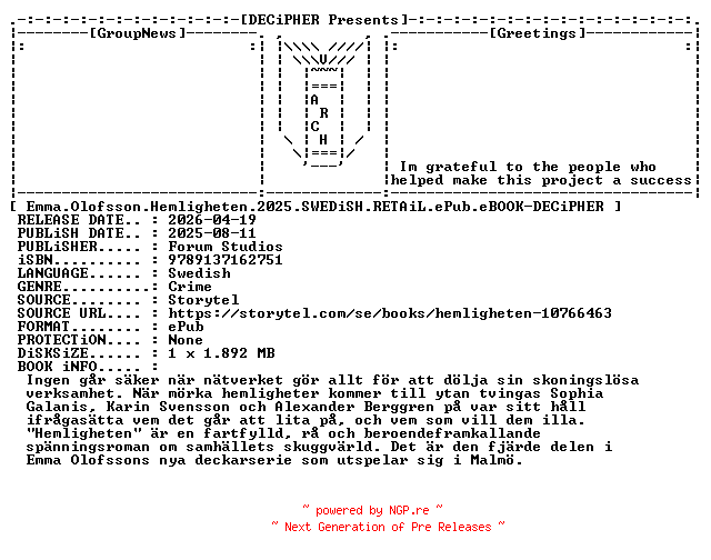NFO for the release Emma.Olofsson.Hemligheten.2025.SWEDiSH.RETAiL.ePub.eBOOK-DECiPHER by DECiPHER