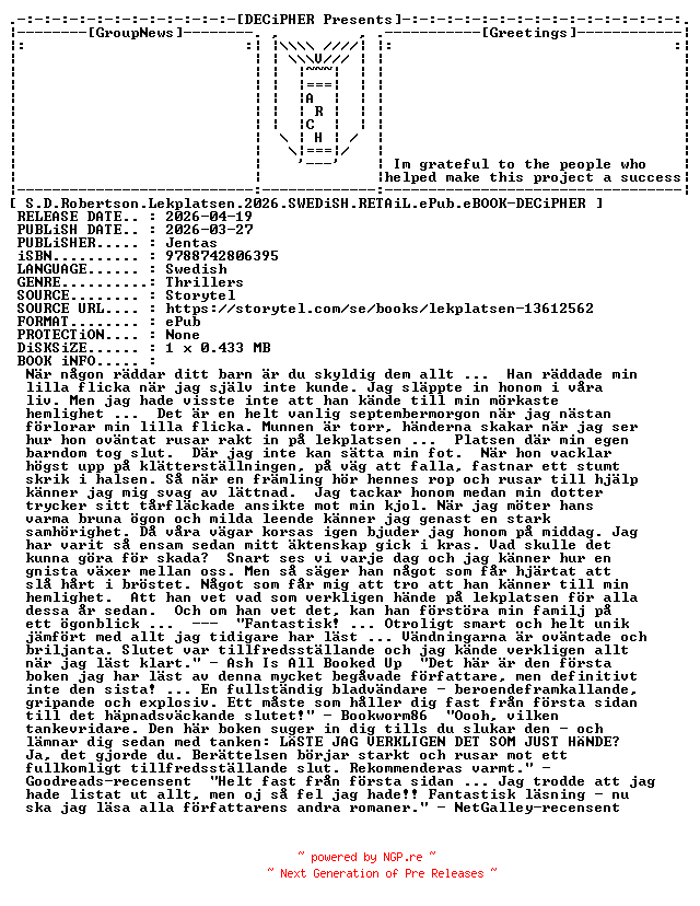 NFO for the release S.D.Robertson.Lekplatsen.2026.SWEDiSH.RETAiL.ePub.eBOOK-DECiPHER by DECiPHER