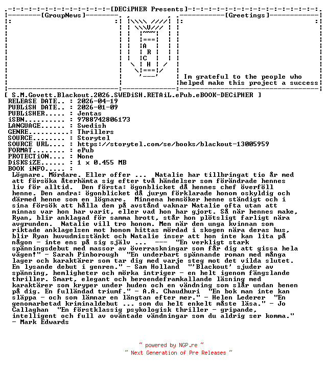 NFO for the release S.M.Govett.Blackout.2026.SWEDiSH.RETAiL.ePub.eBOOK-DECiPHER by DECiPHER