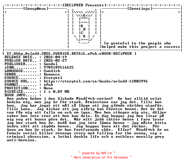 NFO for the release ST.Abby.Avledd.2026.SWEDiSH.RETAiL.ePub.eBOOK-DECiPHER by DECiPHER