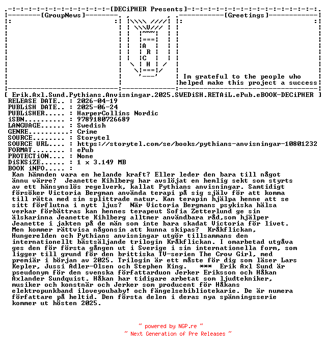 NFO for the release Erik.Axl.Sund.Pythians.Anvisningar.2025.SWEDiSH.RETAiL.ePub.eBOOK-DECiPHER by DECiPHER