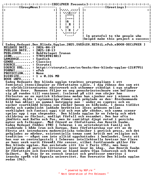NFO for the release Sadeq.Hedayat.Den.Blinda.Ugglan.2025.SWEDiSH.RETAiL.ePub.eBOOK-DECiPHER by DECiPHER
