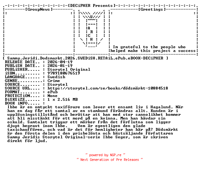 NFO for the release Sammy.Jeridi.Dodsmarkt.2026.SWEDiSH.RETAiL.ePub.eBOOK-DECiPHER by DECiPHER