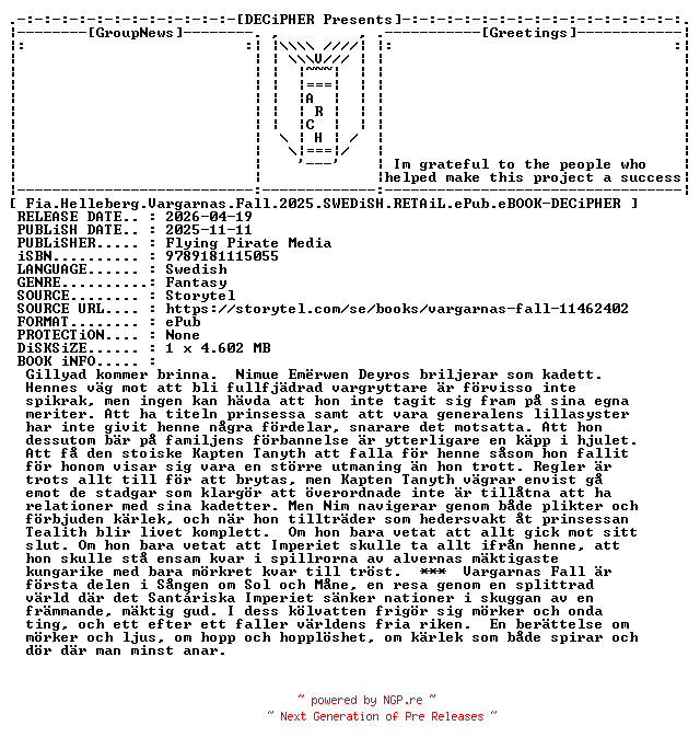 NFO for the release Fia.Helleberg.Vargarnas.Fall.2025.SWEDiSH.RETAiL.ePub.eBOOK-DECiPHER by DECiPHER