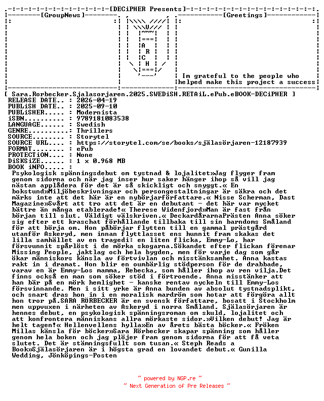 NFO for the release Sara.Rorbecker.Sjalasorjaren.2025.SWEDiSH.RETAiL.ePub.eBOOK-DECiPHER by DECiPHER