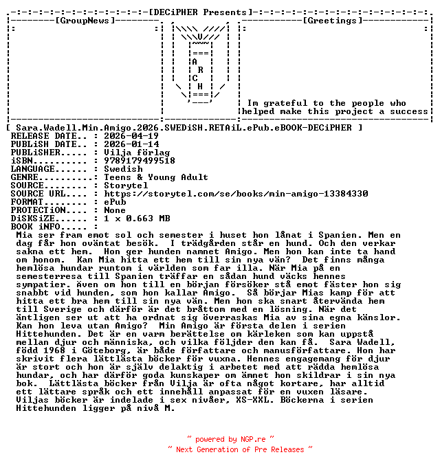 NFO for the release Sara.Wadell.Min.Amigo.2026.SWEDiSH.RETAiL.ePub.eBOOK-DECiPHER by DECiPHER