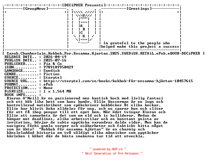 NFO for the release Sarah.Chamberlain.Kokbok.For.Ensamma.Hjartan.2025.SWEDiSH.RETAiL.ePub.eBOOK-DECiPHER by DECiPHER