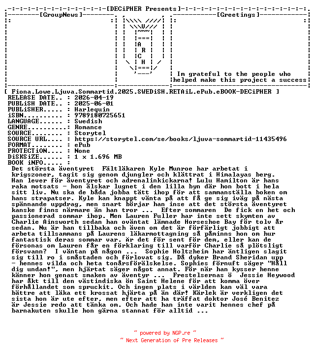 NFO for the release Fiona.Lowe.Ljuva.Sommartid.2025.SWEDiSH.RETAiL.ePub.eBOOK-DECiPHER by DECiPHER