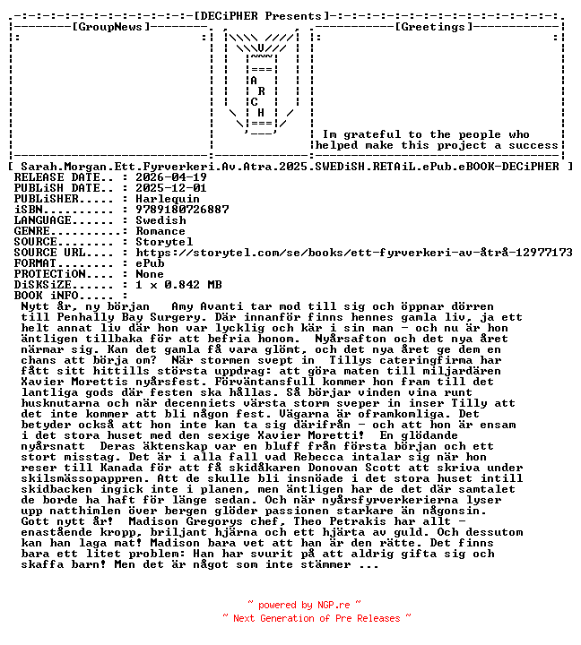 NFO for the release Sarah.Morgan.Ett.Fyrverkeri.Av.Atra.2025.SWEDiSH.RETAiL.ePub.eBOOK-DECiPHER by DECiPHER