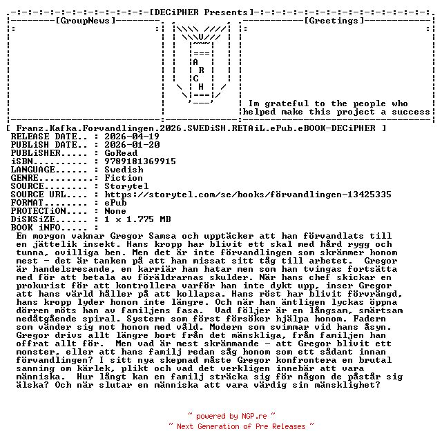 NFO for the release Franz.Kafka.Forvandlingen.2026.SWEDiSH.RETAiL.ePub.eBOOK-DECiPHER by DECiPHER