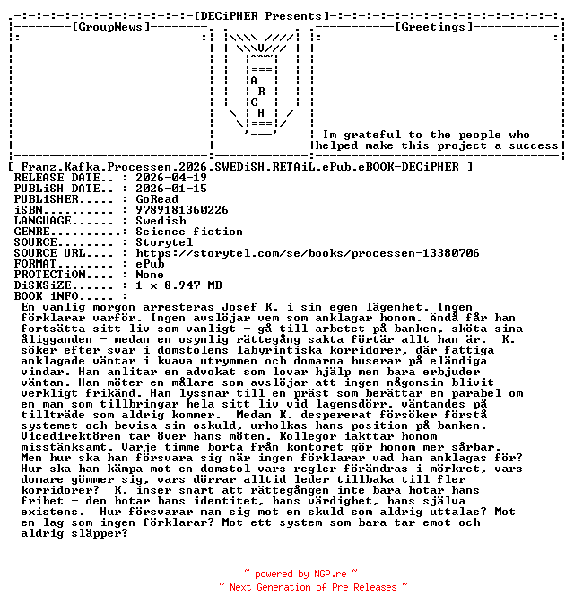 NFO for the release Franz.Kafka.Processen.2026.SWEDiSH.RETAiL.ePub.eBOOK-DECiPHER by DECiPHER
