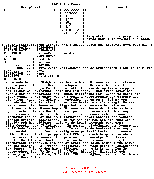 NFO for the release Sarah.Penner.Forbannelsen.I.Amalfi.2025.SWEDiSH.RETAiL.ePub.eBOOK-DECiPHER by DECiPHER
