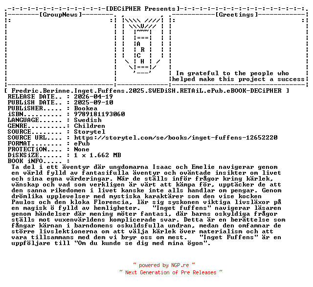 NFO for the release Fredric.Berinne.Inget.Fuffens.2025.SWEDiSH.RETAiL.ePub.eBOOK-DECiPHER by DECiPHER