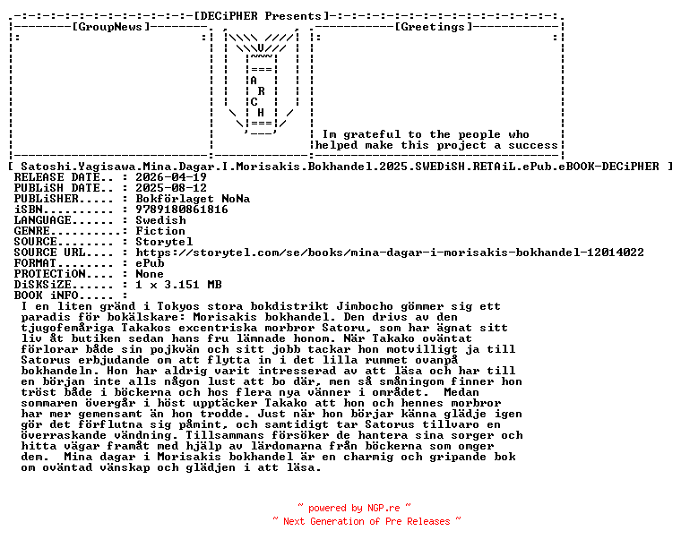 NFO for the release Satoshi.Yagisawa.Mina.Dagar.I.Morisakis.Bokhandel.2025.SWEDiSH.RETAiL.ePub.eBOOK-DECiPHER by DECiPHER