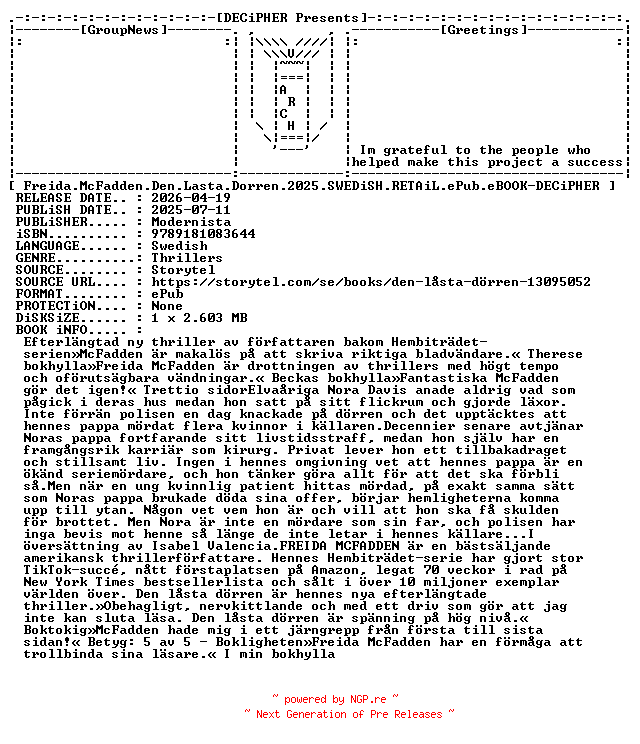 NFO for the release Freida.McFadden.Den.Lasta.Dorren.2025.SWEDiSH.RETAiL.ePub.eBOOK-DECiPHER by DECiPHER