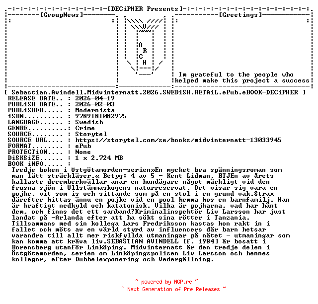 NFO for the release Sebastian.Avindell.Midvinternatt.2026.SWEDiSH.RETAiL.ePub.eBOOK-DECiPHER by DECiPHER