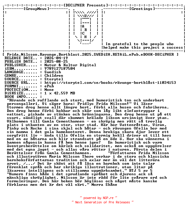NFO for the release Frida.Nilsson.Ravunge.Bortblast.2025.SWEDiSH.RETAiL.ePub.eBOOK-DECiPHER by DECiPHER