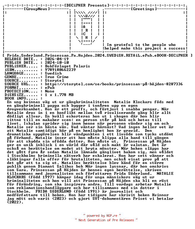 NFO for the release Frida.Soderlund.Prinsessan.Pa.Hojden.2024.SWEDiSH.RETAiL.ePub.eBOOK-DECiPHER by DECiPHER