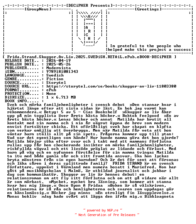 NFO for the release Frida.Strand.Skuggor.Av.Liv.2025.SWEDiSH.RETAiL.ePub.eBOOK-DECiPHER by DECiPHER