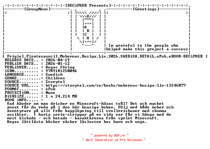 NFO for the release Frigiel.Piratesourcil.Mobernas.Busiga.Liv.2026.SWEDiSH.RETAiL.ePub.eBOOK-DECiPHER by DECiPHER