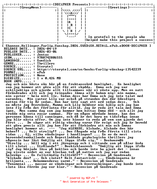 NFO for the release Shannon.Hollinger.Farlig.Vanskap.2026.SWEDiSH.RETAiL.ePub.eBOOK-DECiPHER by DECiPHER