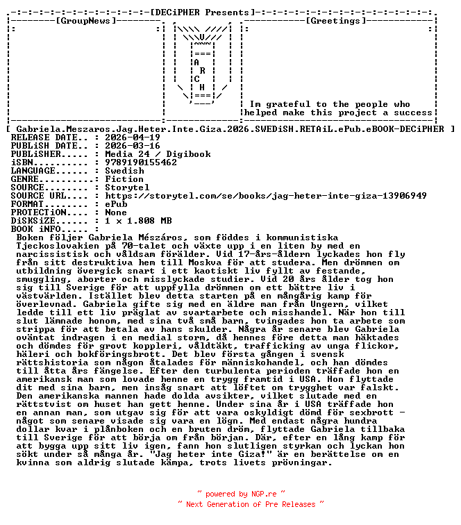 NFO for the release Gabriela.Meszaros.Jag.Heter.Inte.Giza.2026.SWEDiSH.RETAiL.ePub.eBOOK-DECiPHER by DECiPHER