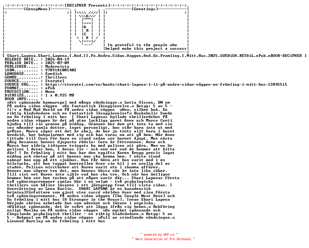 NFO for the release Shari.Lapena.Shari.Lapena.I.And.II.Pa.Andra.Sidan.Vaggen.And.En.Framling.I.Mitt.Hus.2025.SWEDiSH.RETAiL.ePub.eBOOK-DECiPHER by DECiPHER