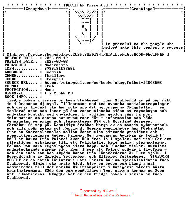 NFO for the release Sigbjorn.Mostue.Skuggfolket.2025.SWEDiSH.RETAiL.ePub.eBOOK-DECiPHER by DECiPHER