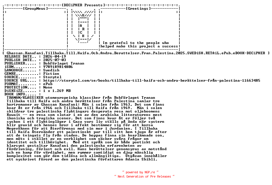 NFO for the release Ghassan.Kanafani.Tillbaka.Till.Haifa.Och.Andra.Berattelser.Fran.Palestina.2025.SWEDiSH.RETAiL.ePub.eBOOK-DECiPHER by DECiPHER