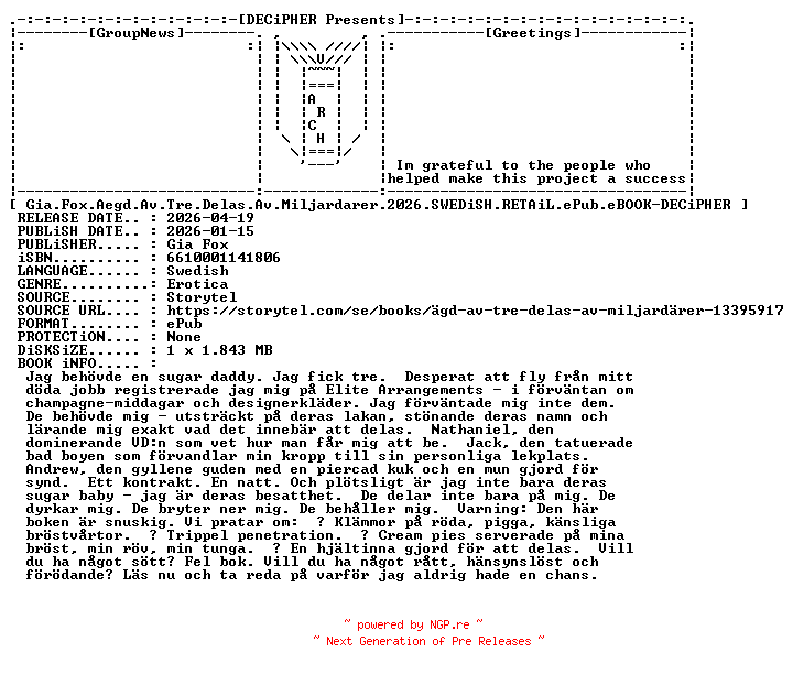 NFO for the release Gia.Fox.Aegd.Av.Tre.Delas.Av.Miljardarer.2026.SWEDiSH.RETAiL.ePub.eBOOK-DECiPHER by DECiPHER