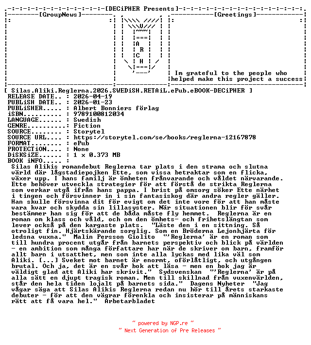 NFO for the release Silas.Aliki.Reglerna.2026.SWEDiSH.RETAiL.ePub.eBOOK-DECiPHER by DECiPHER