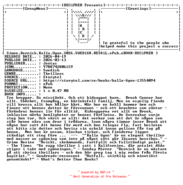 NFO for the release Simon.Kernick.Kalla.Ogon.2026.SWEDiSH.RETAiL.ePub.eBOOK-DECiPHER by DECiPHER