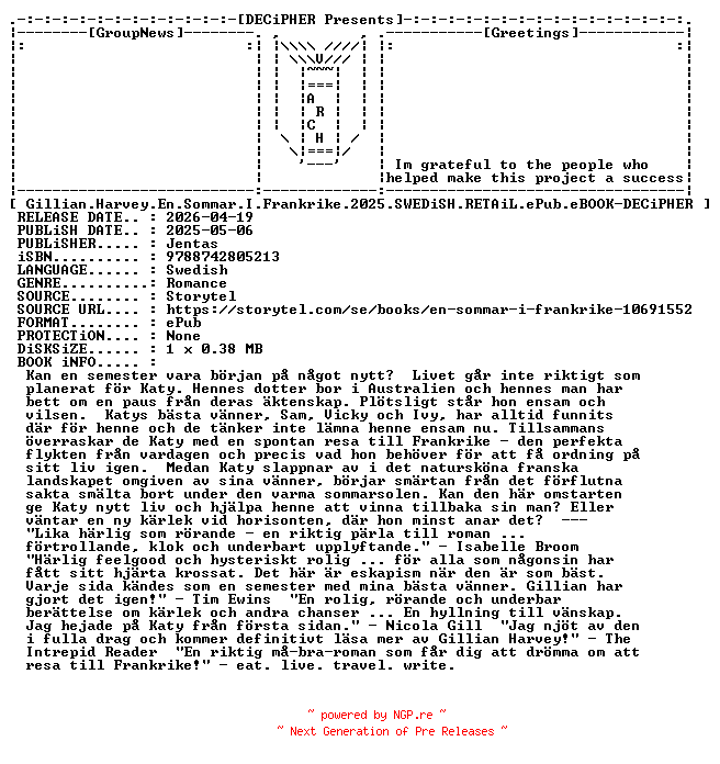 NFO for the release Gillian.Harvey.En.Sommar.I.Frankrike.2025.SWEDiSH.RETAiL.ePub.eBOOK-DECiPHER by DECiPHER