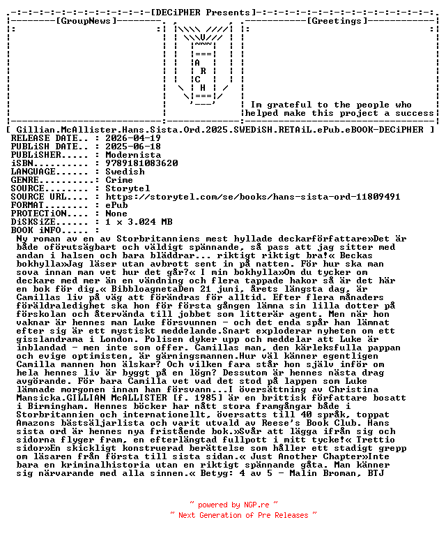 NFO for the release Gillian.McAllister.Hans.Sista.Ord.2025.SWEDiSH.RETAiL.ePub.eBOOK-DECiPHER by DECiPHER