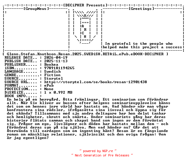 NFO for the release Glenn.Stefan.Knuthson.Resan.2025.SWEDiSH.RETAiL.ePub.eBOOK-DECiPHER by DECiPHER