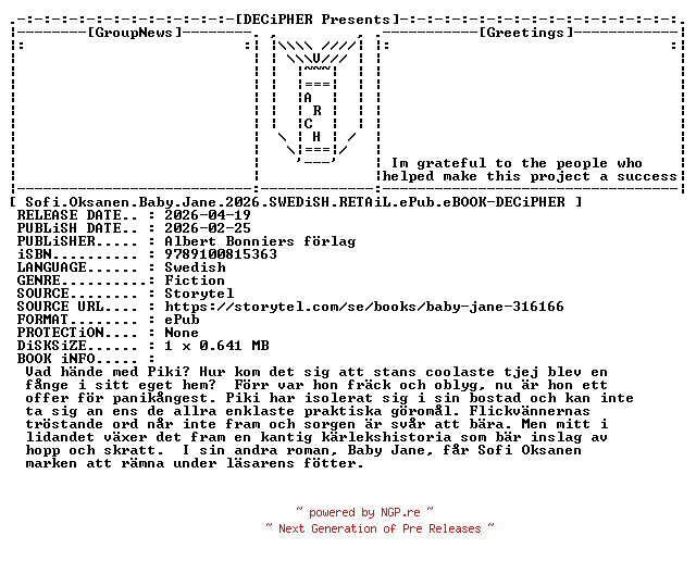 NFO for the release Sofi.Oksanen.Baby.Jane.2026.SWEDiSH.RETAiL.ePub.eBOOK-DECiPHER by DECiPHER